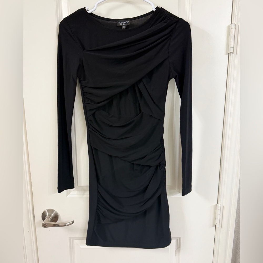 Topshop Black Long Sleeve Ruched Dress - Picture 2 of 7
